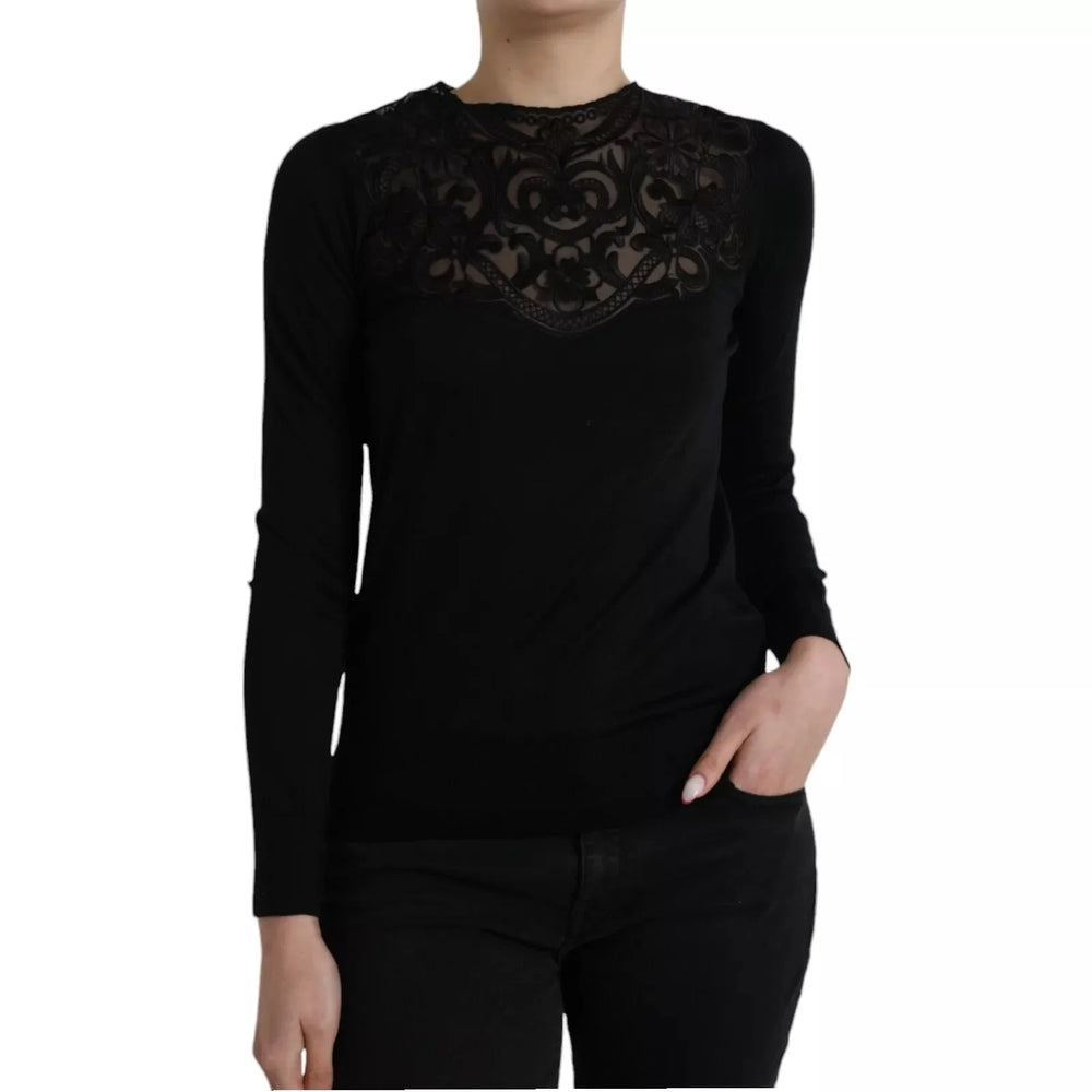 Dolce & Gabbana Black Silk Lace Trim Long Sleeves Blouse Top - IT40|S - Blouses