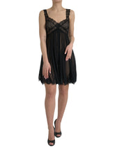 Dolce & Gabbana Black Silk Pleated Lace Chiffon Mini Dress - Dresses