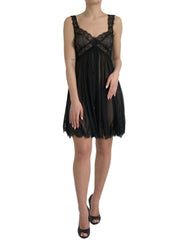Dolce & Gabbana Black Silk Pleated Lace Chiffon Mini Dress - Dresses