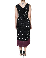 Dolce & Gabbana Black Silk Polka Dot Vneck Tassel Midi Dress - Dresses