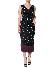 Dolce & Gabbana Black Silk Polka Dot Vneck Tassel Midi Dress - Dresses