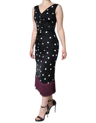 Dolce & Gabbana Black Silk Polka Dot Vneck Tassel Midi Dress - Dresses