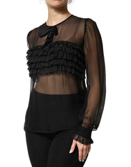 Dolce & Gabbana Black Silk Sheer Ruffle Tie-Neck Blouse Top - IT42|M