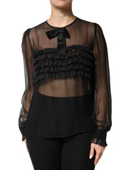 Dolce & Gabbana Black Silk Sheer Ruffle Tie-Neck Blouse Top - IT42|M