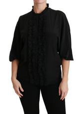 Dolce & Gabbana Black Silk Shirt Ruffled Top Blouse - IT36 | XS - Blouses