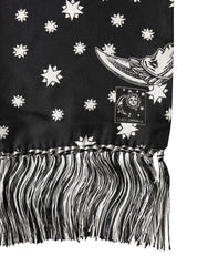 Dolce & Gabbana Black Silk Sun Moon Star Fringe Foulard 178cm X 33cm Scarf