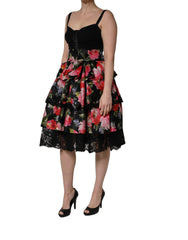 Dolce & Gabbana Black Sleeveless Bustier Floral Print Tiered Dress - IT40|S