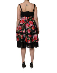 Dolce & Gabbana Black Sleeveless Bustier Floral Print Tiered Dress - IT40|S