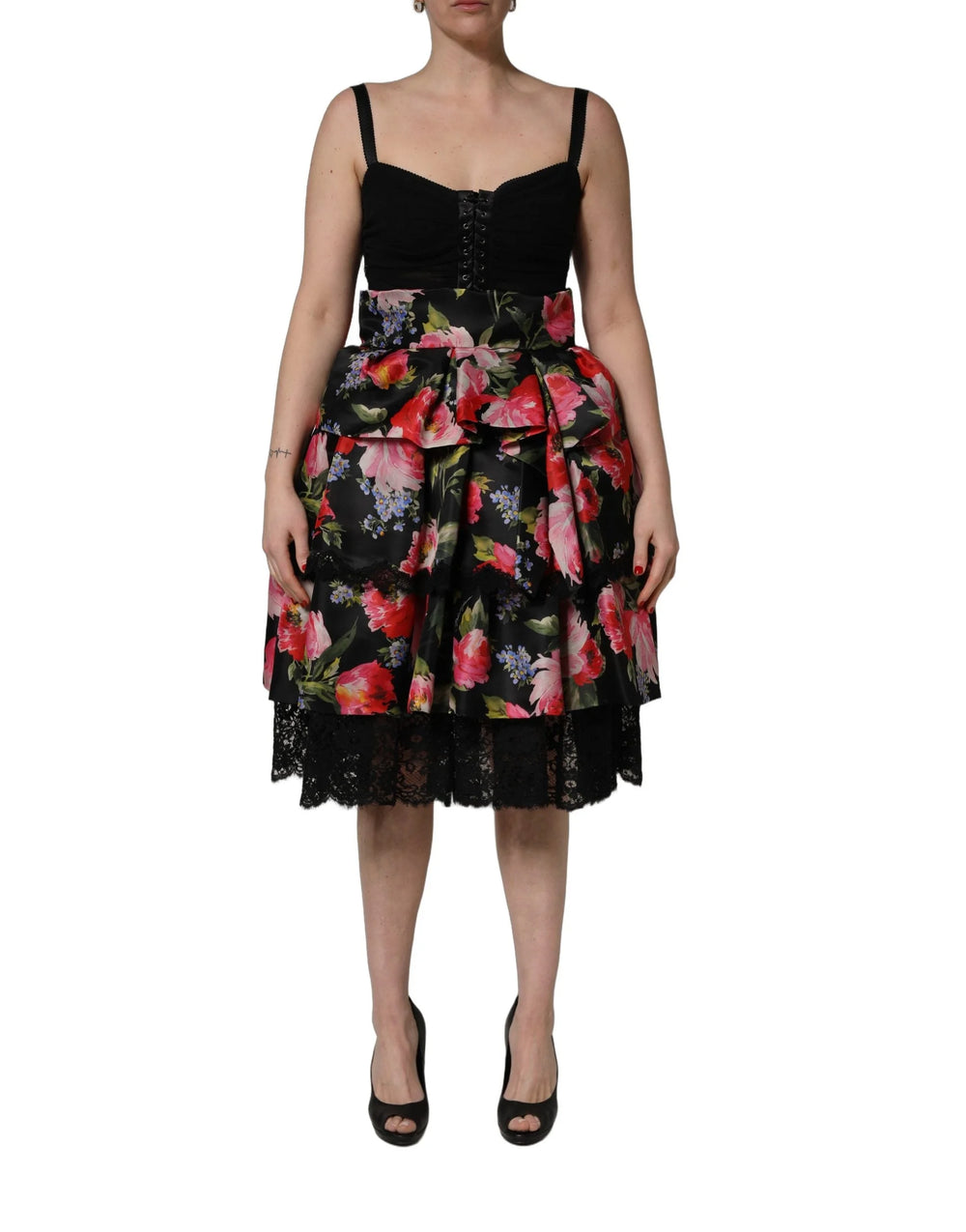 Dolce & Gabbana Black Sleeveless Bustier Floral Print Tiered Dress - IT40|S