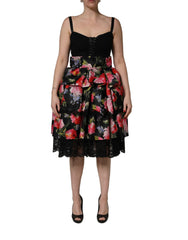Dolce & Gabbana Black Sleeveless Bustier Floral Print Tiered Dress - IT40|S