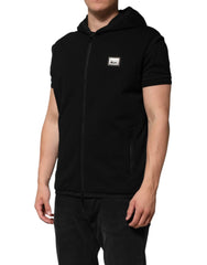 Dolce & Gabbana Black Sleeveless Hooded Logo Plaque Jacket - Vests