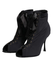 Rear view of black Dolce & Gabbana lace-up boots highlighting the structured heel counter and sleek stiletto silhouette.