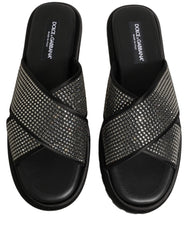 Dolce & Gabbana Black Strass Criss Cross Slide Sandals Shoes - EU44/US11