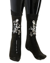 Dolce & Gabbana Black Stretch Floral Clear Crystal Socks - Hosiery