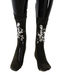 Dolce & Gabbana Black Stretch Floral Clear Crystal Socks - Hosiery