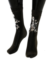 Dolce & Gabbana Black Stretch Floral Clear Crystal Socks - Hosiery