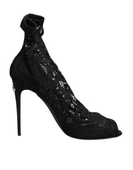 Dolce & Gabbana Black Stretch Taormina Lace Boots Shoes - EU39/US8.5 - Boots