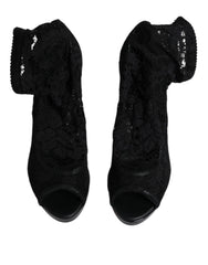 Dolce & Gabbana Black Stretch Taormina Lace Boots Shoes - EU39/US8.5