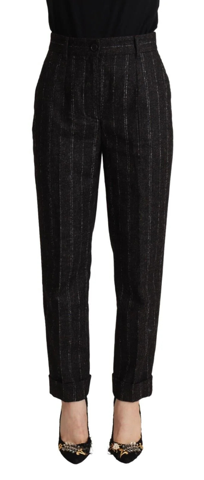 Dolce & Gabbana Black Striped High Waist Tapered Pants - IT38|XS - Trousers