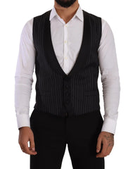 Dolce & Gabbana Black Striped Wool Silk Waistcoat Vest - IT48 | M - Vests