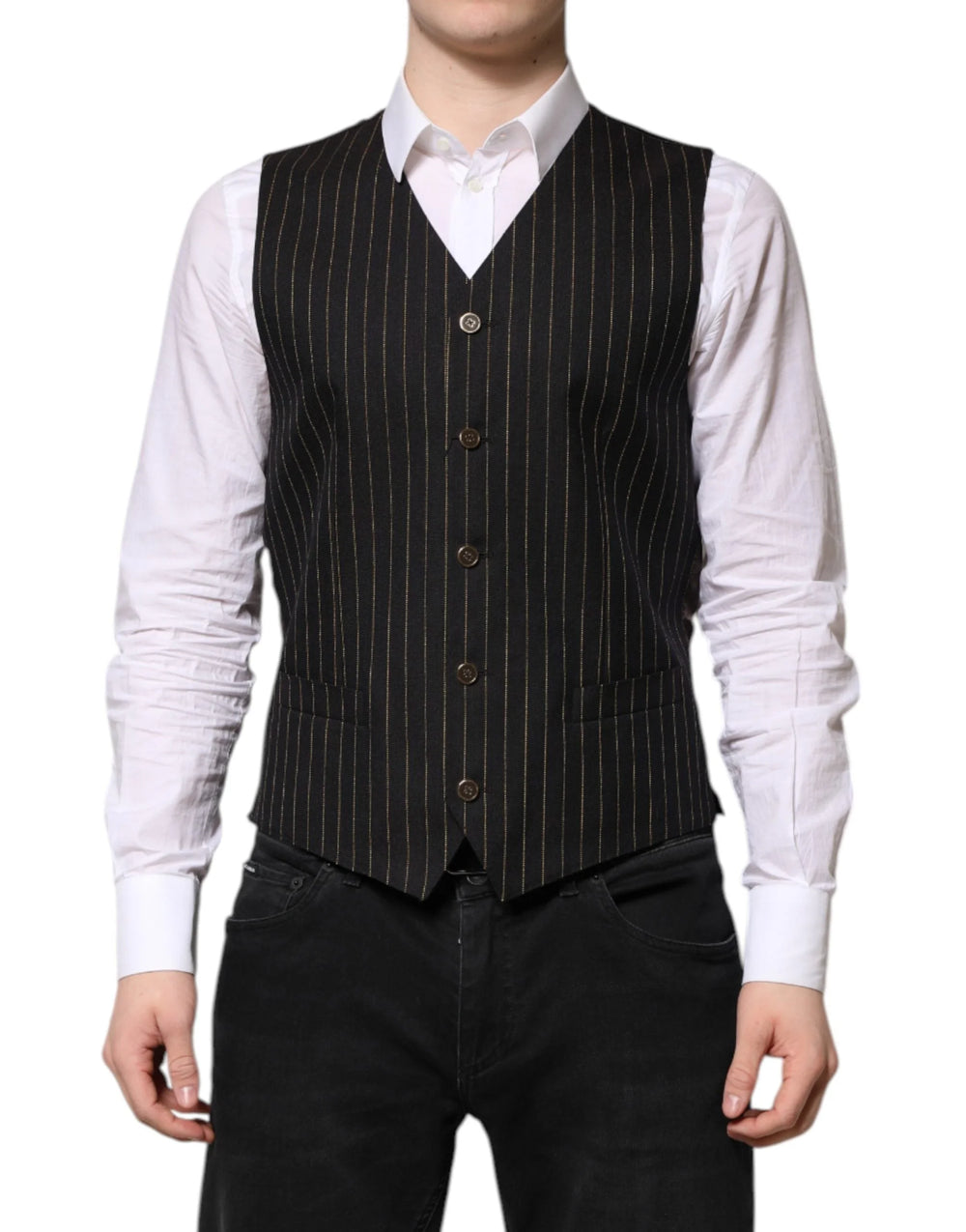 Dolce & Gabbana Black Stripes Wool Formal Men Waistcoat Vest - IT48 | M - Vests