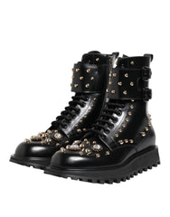 Dolce & Gabbana Black Studded Lace Up Mid Calf Boots Shoes - Boots