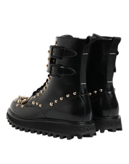 Dolce & Gabbana Black Studded Lace Up Mid Calf Boots Shoes - EU42.5/US9.5