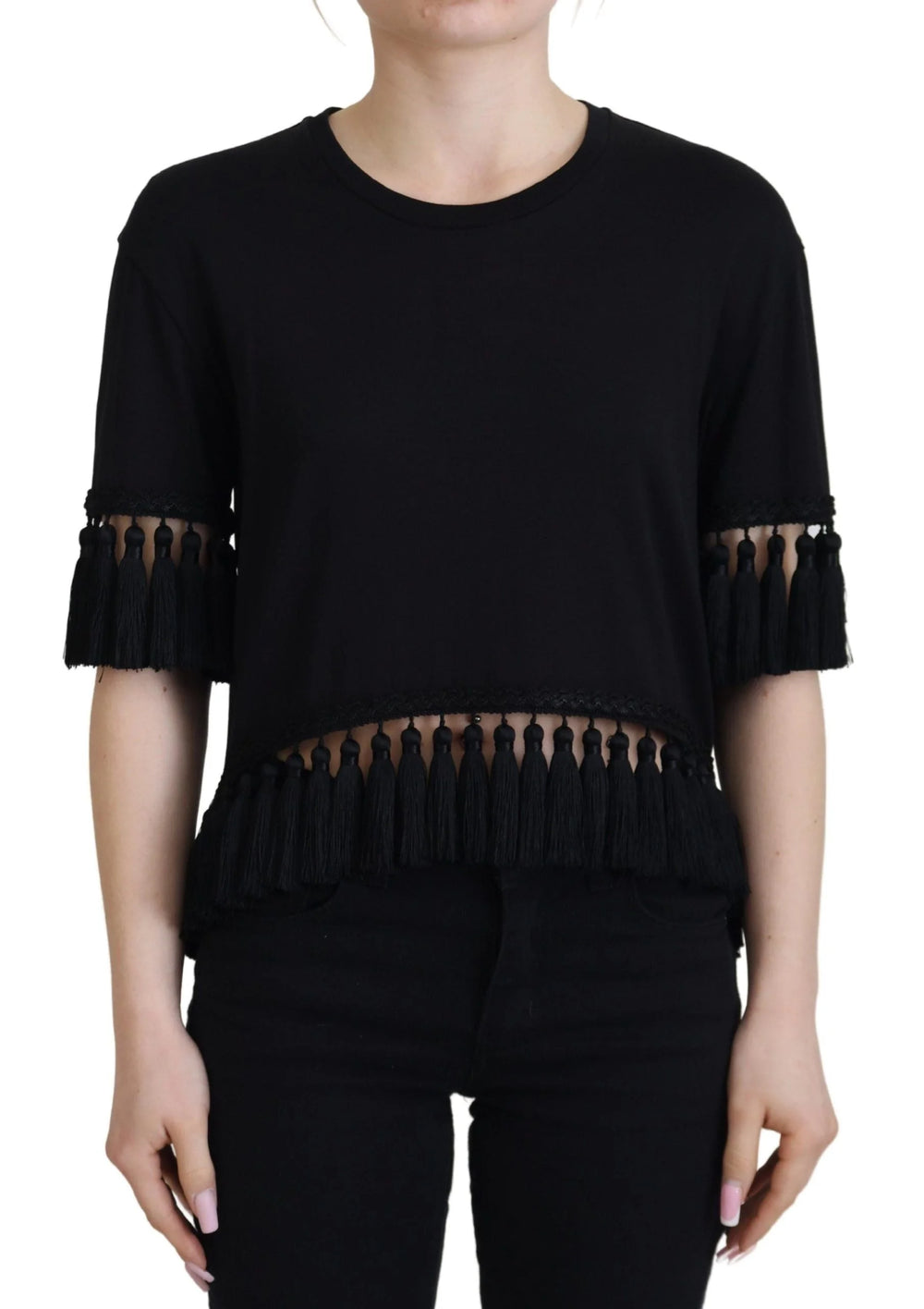 Dolce & Gabbana Black T-shirt Blouse Tassle Cotton Blouse - Blouses