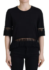 Dolce & Gabbana Black T-shirt Blouse Tassle Cotton Blouse - Blouses