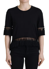 Dolce & Gabbana Black T-shirt Blouse Tassle Cotton Blouse - Blouses