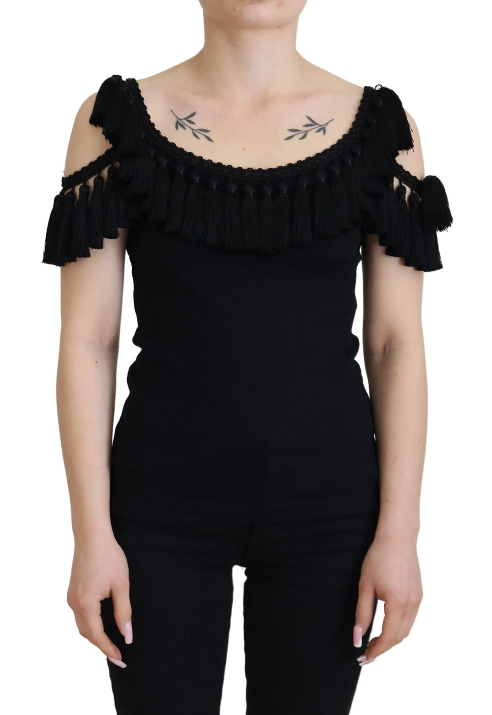 Dolce & Gabbana Black Tank Top Blouse Tassle Cotton Blouse - Tank Tops