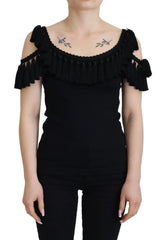 Dolce & Gabbana Black Tank Top Blouse Tassle Cotton Blouse - Tank Tops