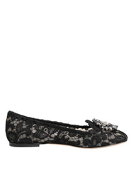 Dolce & Gabbana Black Taormina Lace Crystals Flats Shoes - Flats