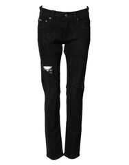 Dolce & Gabbana Black Tattered Cotton Men Skinny Denim Jeans - IT44 | XS