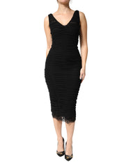 Dolce & Gabbana Black V-Neck Ruched Lace Hem Midi Dress - IT44 | L