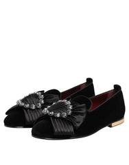 Dolce & Gabbana Black VATICANO Crystal Ribbon Slip On Shoes - Flats