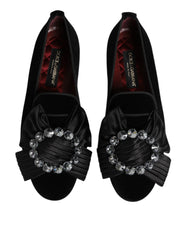 Dolce & Gabbana Black VATICANO Crystal Ribbon Slip On Shoes - Flats