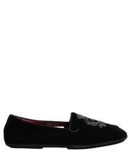 Dolce & Gabbana Black Velvet Crown Embroidery Loafers Shoes - EU44/US11