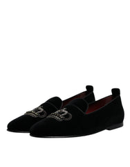 Dolce & Gabbana Black Velvet Crystal Crown Loafers Formal Dress Shoes - Flats