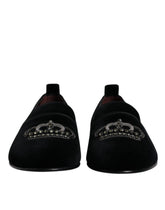 Dolce & Gabbana Mocassins de Veludo Preto com Cristais e Coroa Sapatos de Vestir Formais - EU41/US8