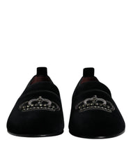 Dolce & Gabbana Black Velvet Crystal Crown Loafers Formal Dress Shoes - EU41/US8