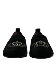 Dolce & Gabbana Black Velvet Crystal Crown Loafers Formal Dress Shoes - Flats