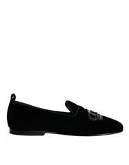 Dolce & Gabbana Black Velvet Crystal Crown Loafers Formal Dress Shoes - Flats