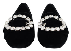Dolce & Gabbana Black Velvet Crystals Loafers Flats Shoes - Flats
