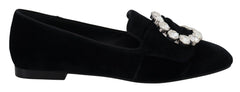 Dolce & Gabbana Black Velvet Crystals Loafers Flats Shoes - Flats