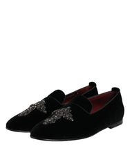 Dolce & Gabbana Black Velvet Embellished Loafer Slip On Shoes - EU43/US10