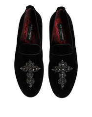 Dolce & Gabbana Black Velvet Embellished Loafer Slip On Shoes - EU43/US10 - Flats