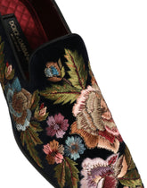 Dolce & Gabbana Black Velvet Floral Embroidery Loafers Shoes - EU44/US11