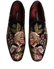 Dolce & Gabbana Black Velvet Floral Embroidery Loafers Shoes - EU44/US11