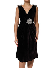 Dolce & Gabbana Black Velvet Flower Embellishment Aline Dress - IT40|S - Dresses